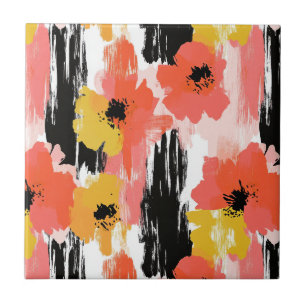 Artistic Poppy in Coral Mustard and Pink Tile
