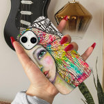 Artistic Portrait Girl Bold Bright Black White Fun iPhone 13 Pro Case<br><div class="desc">This phone case features the right side only of my original painting of a colourful girl with fun black and white lettering on the front and a black and white jester girl with a bright,  colourful background.</div>