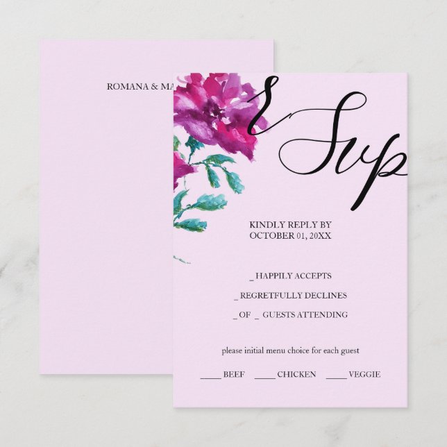 Artistic Purple Rose Watercolor Hand-painted RSVP Card (Front/Back)
