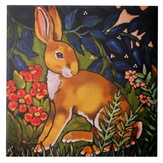 Artistic  Rabbit Hare Forest William Morris Bright Tile (Front)