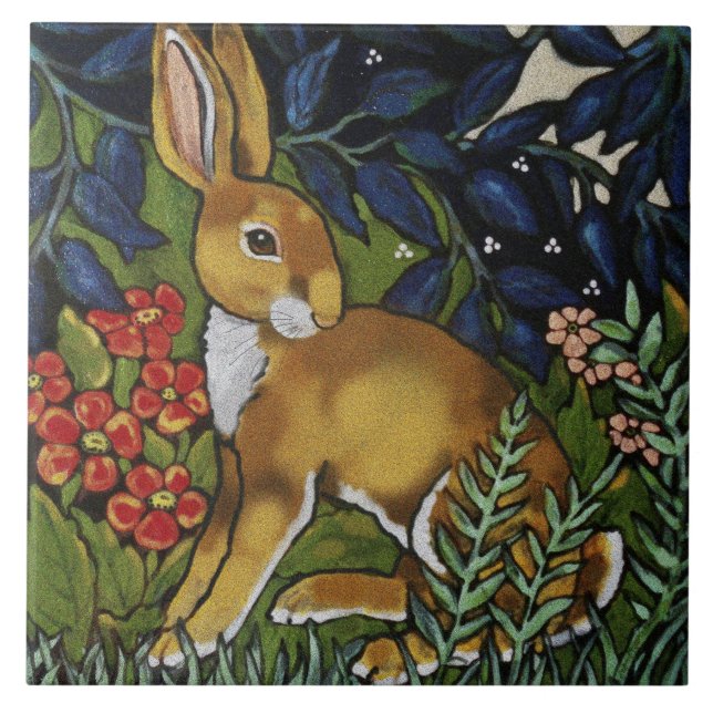 Artistic  Rabbit Hare Forest William Morris Style Tile (Front)