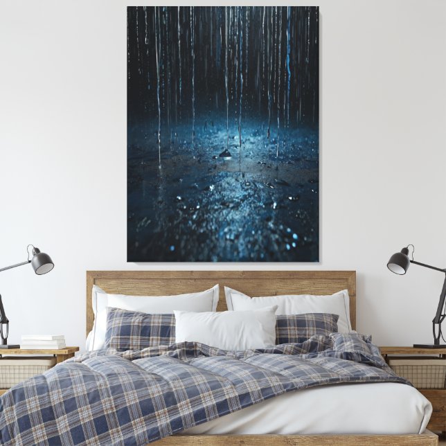 Artistic Rain Canvas – Abstract Silver  Blue Wall (Insitu(Bedroom))