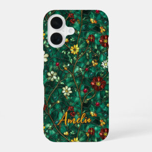 Artistic Red Turquoise Stained Glass Flowers iPhone 16 Case