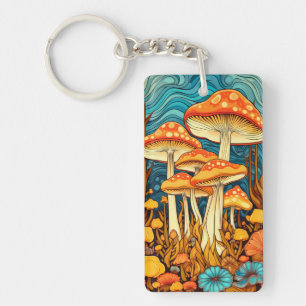 Artistic Retro Mushroom Forest Illustration Keychain