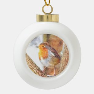 Artistic Robin Redbreast Perched  Ceramic Ball Christmas Ornament