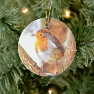 Artistic Robin Redbreast Perched Ceramic Ornament