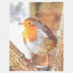 Artistic Robin Redbreast Perched Fleece Blanket