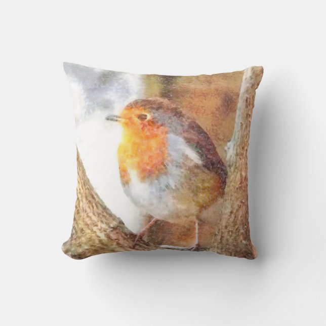 Artistic Robin Redbreast Perched  Throw Pillow (Front)