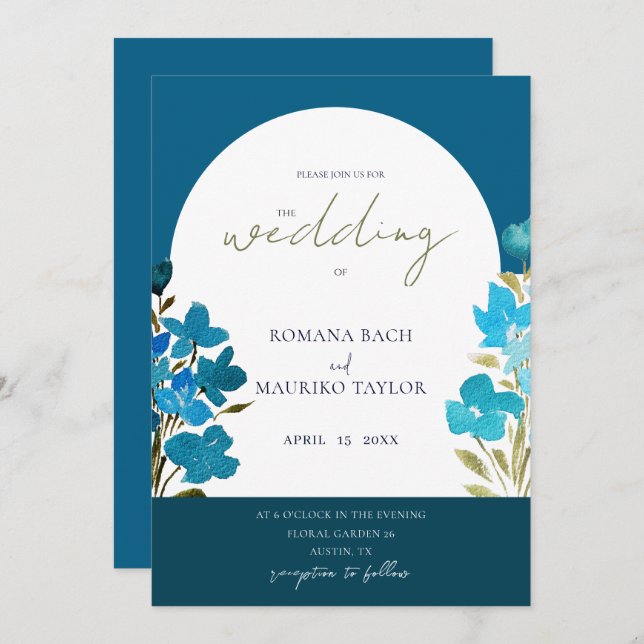 Artistic Romantic Blue Watercolor Wildflowers Invitation (Front/Back)