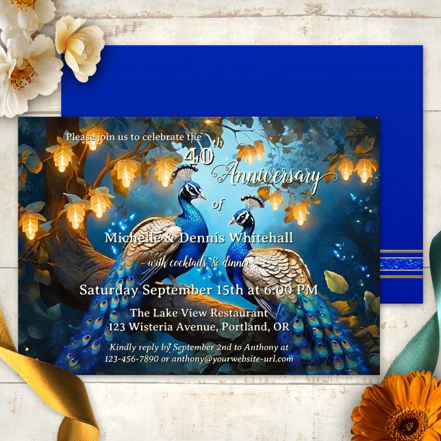 Artistic Romantic Peacock Wedding Anniversary Invitation (An elegant wedding anniversary invitation showing a painting of two peacocks in a festively lit tree)