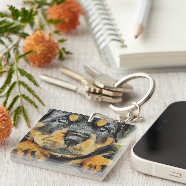 Artistic Rottweiler Puppy Portrait Keychain (Front Right)