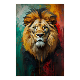 Artistic Royal Lion Portrait Vibrant Oil Painting Poster