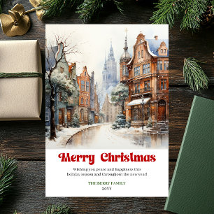 Artistic rustic holiday scene cozy winter city art card