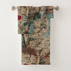 Artistic rustic old papers Red rose pattern Bath Towel Set