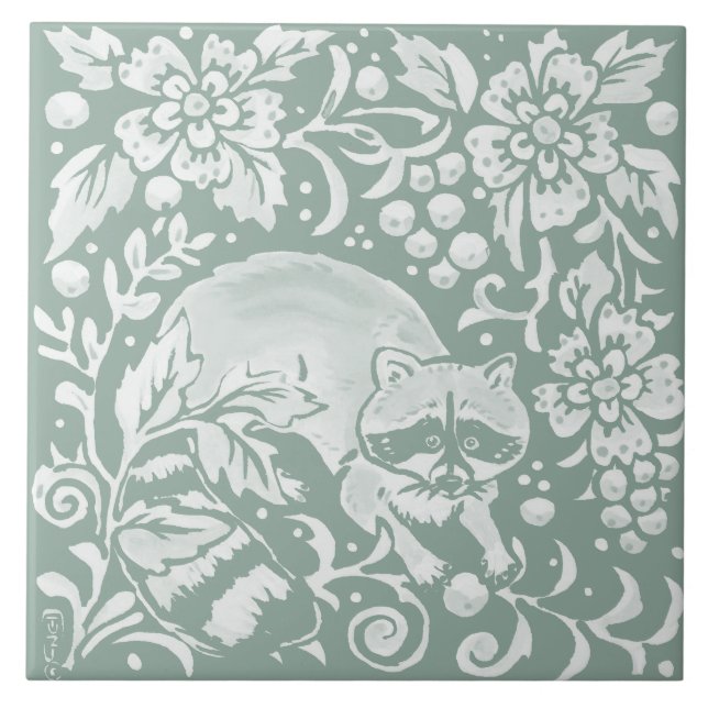 Artistic Sage Green Raccoon Forest Woodland Animal Tile (Front)