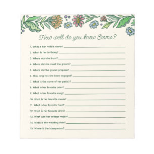 Artistic Scandinavian Floral Bridal Shower Game Notepad