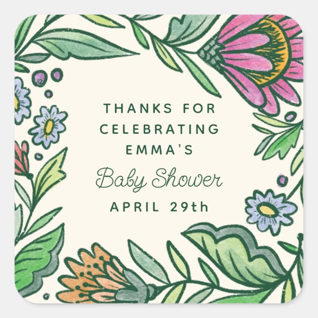 Artistic Scandinavian Folk Floral Baby Shower Square Sticker (Front)