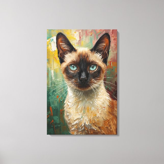 Artistic Siamese Cat Portrait Vibrant Oil Painting Canvas Print (Front)