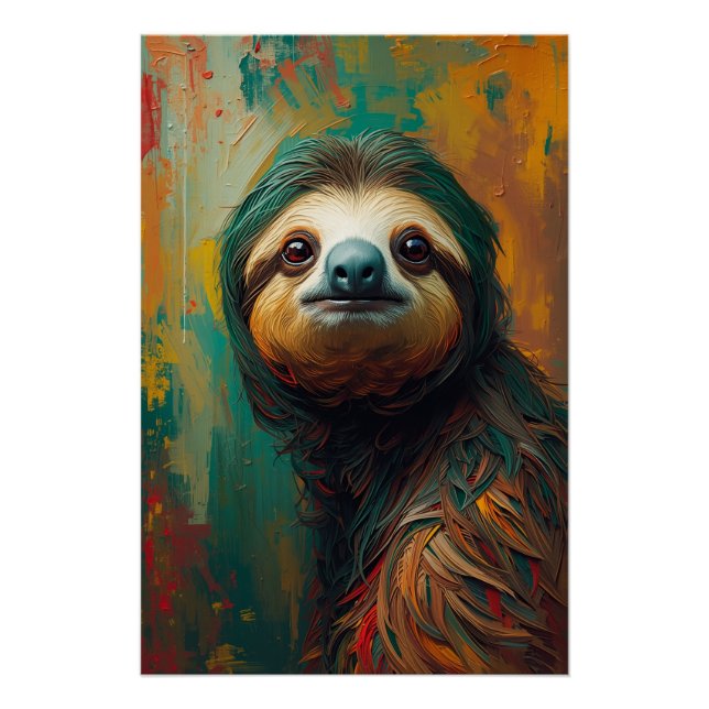 Artistic Sloth Portrait Vibrant Oil Painting Poster (Front)