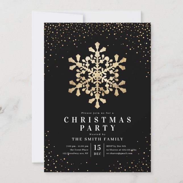 Artistic snowflake black and gold Christmas Party Invitation (Front)