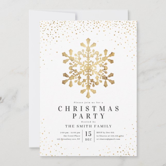 Artistic snowflake faux gold Christmas Party Invitation (Front)