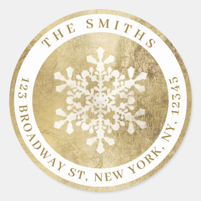 Artistic snowflake faux gold Return Address Classic Round Sticker (Front)