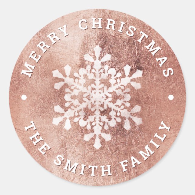 Artistic snowflake faux rose gold Christmas Classic Round Sticker (Front)