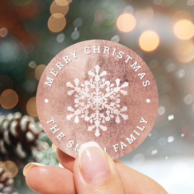 Artistic snowflake faux rose gold Christmas Classic Round Sticker (Artistic snowflake faux rose gold Christmas Classic Round Sticker)