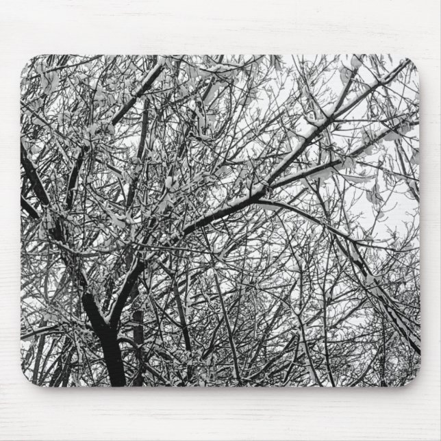 Artistic Snowy Tree Branches B & W Photography Mouse Pad (Front)