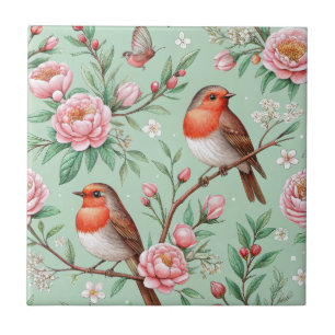 Artistic Songbirds Pink Flower - Mint Palette Tile