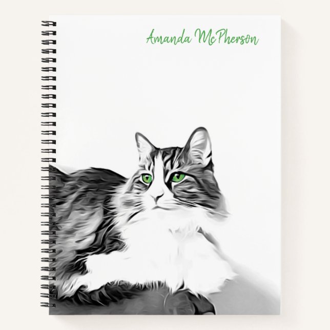 Artistic stylized cat portrait with green eyes notebook (Front)