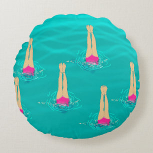 Artistic Swimmers Swimming Under Water Swim Party Round Pillow