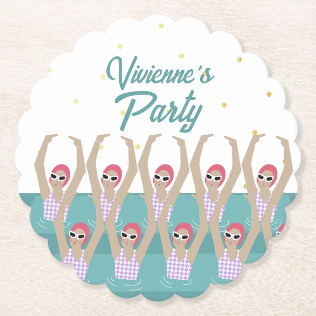 Artistic Swimmers Synchro Swimming Birthday Party Paper Coaster (Front)