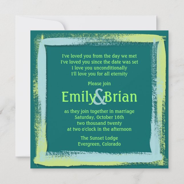 Artistic teal blue green paint wedding invitations (Front)