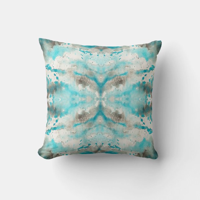 Artistic teal white grey paper watercolor pattern throw pillow (Front)