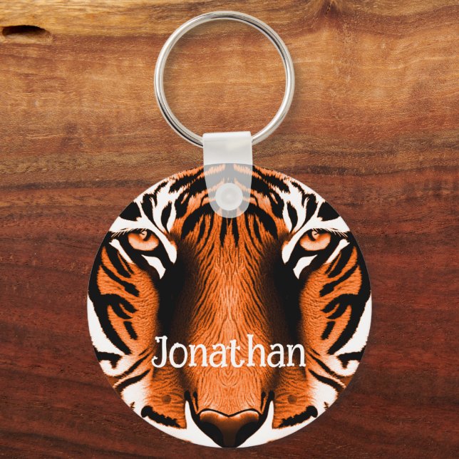 Artistic Tiger Cat Face Head Personalized Orange Keychain (Front)