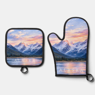 Artistic Travel Lovers Alaska Sunset Modern Nature Oven Mitt & Pot Holder Set