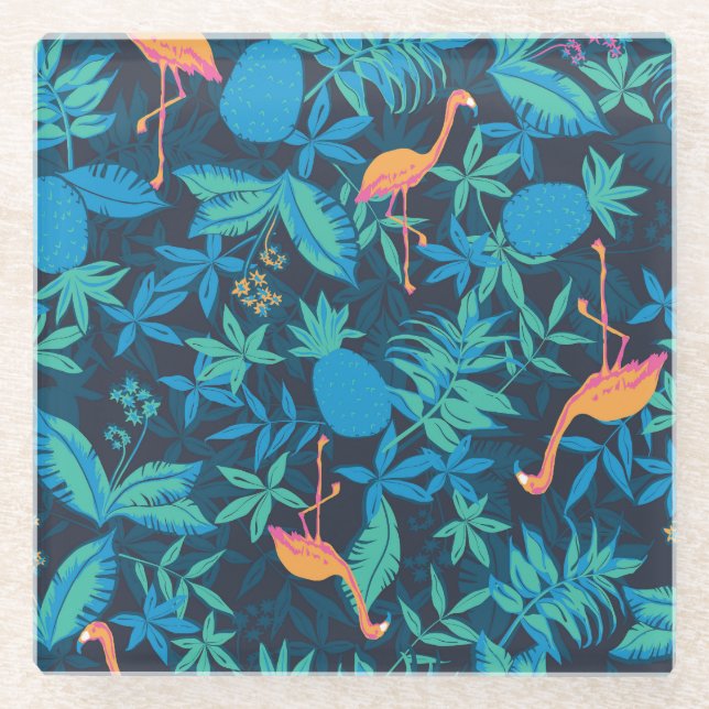 Artistic Tropical: Flamingo Pineapple Pattern. Glass Coaster (Front)