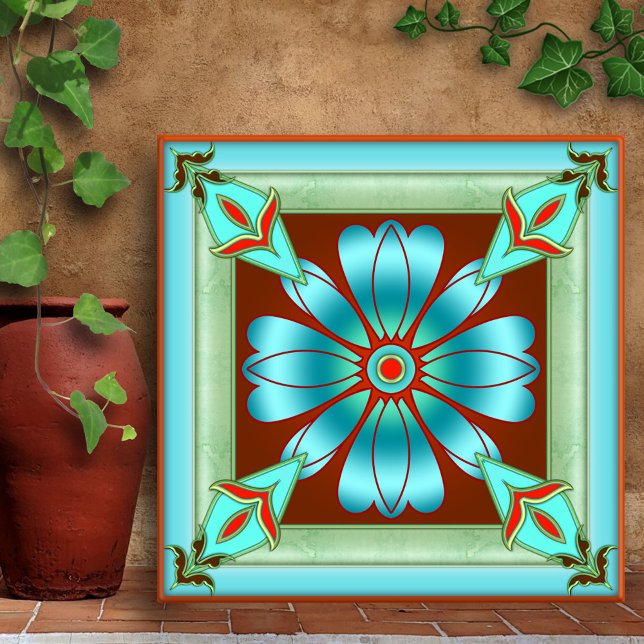 Artistic Turquoise Floral Kitchen or Bathroom Tile (Creative design kitchen or bathroom tile featuring an abstract geometric floral pattern)