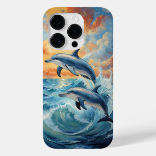 Artistic Two Jumping Dolphins Sunset Ocean  Case-Mate iPhone 14 Pro Case