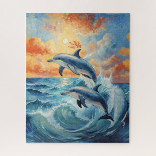 Artistic Two Jumping Dolphins Sunset Ocean Jigsaw Puzzle