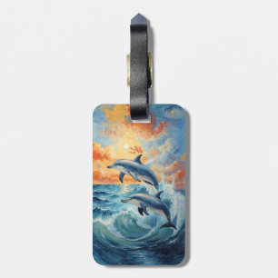 Artistic Two Jumping Dolphins Sunset Ocean Luggage Tag