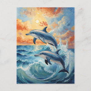 Artistic Two Jumping Dolphins Sunset Ocean  Postcard