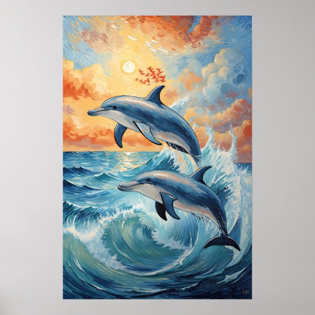 Artistic Two Jumping Dolphins Sunset Ocean  Poster (Front)