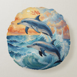 Artistic Two Jumping Dolphins Sunset Ocean  Round Pillow