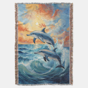Artistic Two Jumping Dolphins Sunset Ocean  Throw Blanket