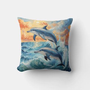 Artistic Two Jumping Dolphins Sunset Ocean Throw Pillow
