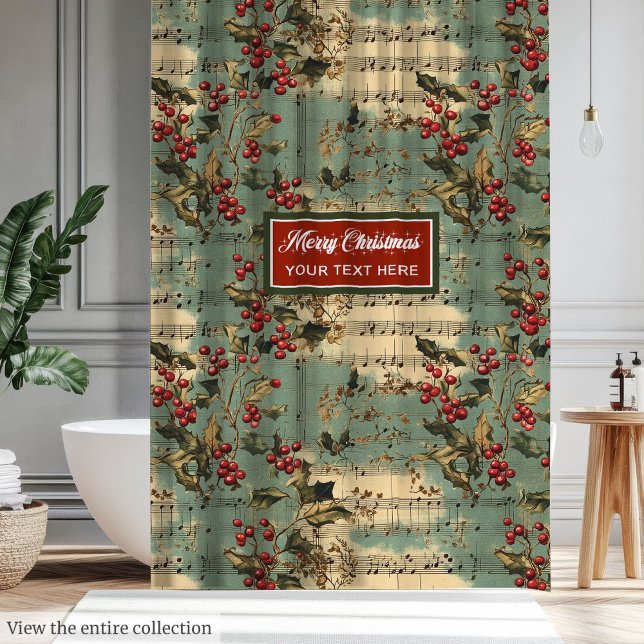 Artistic vintage Christmas carols holly berry (Artistic vintage Christmas carols holly berry Shower Curtain)