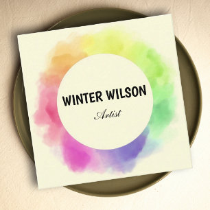 Artistic watercolor alcohol ink rainbow square business card