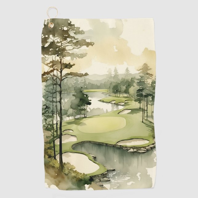 Artistic watercolor golf course golf towel (Front)